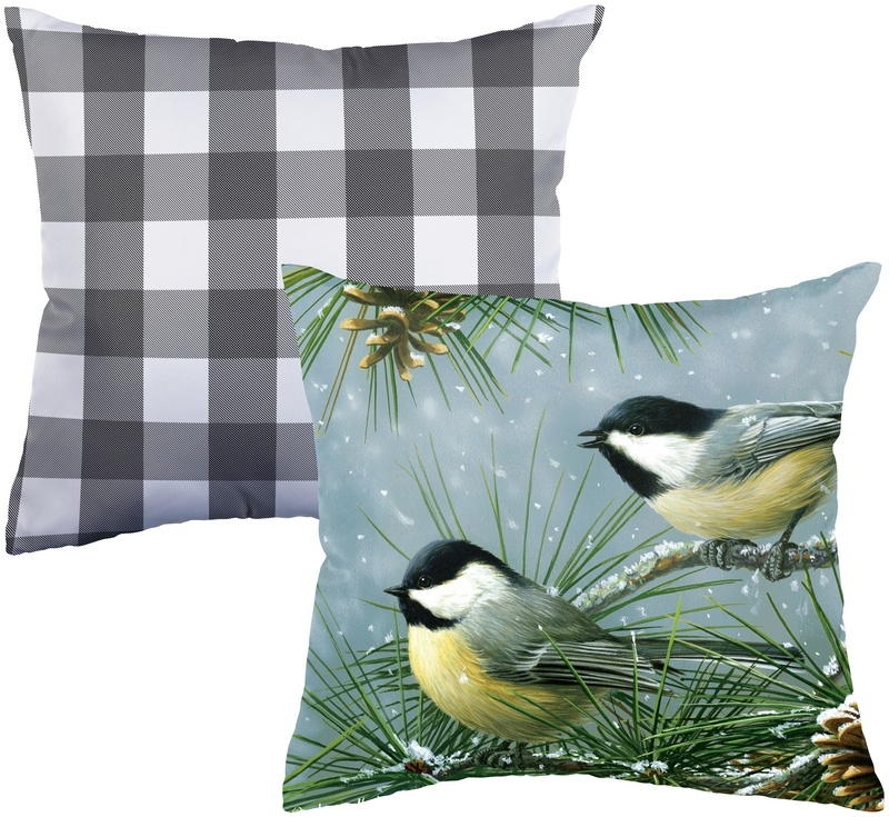 Chickadees & Pine Outdoor Pillow
