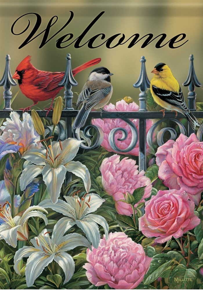 Floral Gate Birds Garden Flag