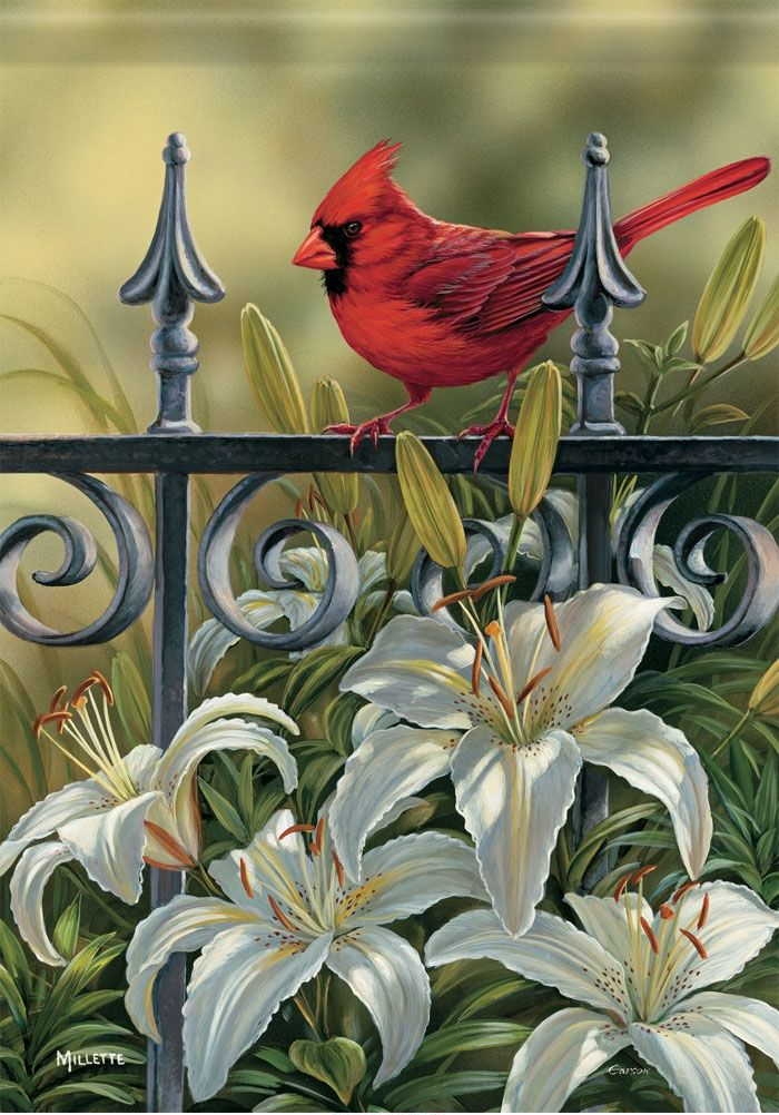 Floral Gate Cardinals Garden Flag