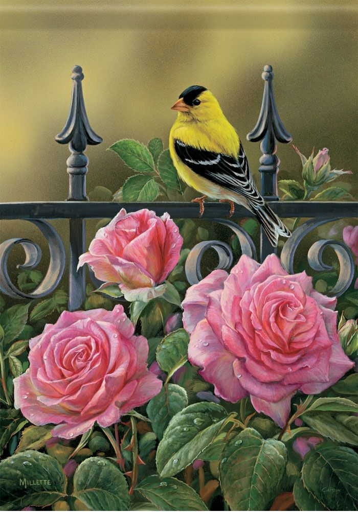 Floral Gate Goldfinch House Flag
