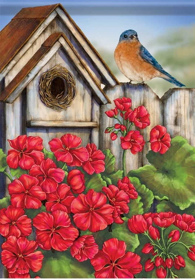 Geranium Birdhouse Garden Flag