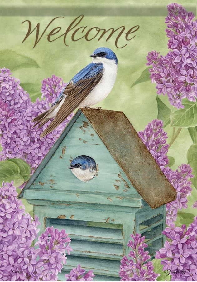 Lilac Birdhouse House Flag