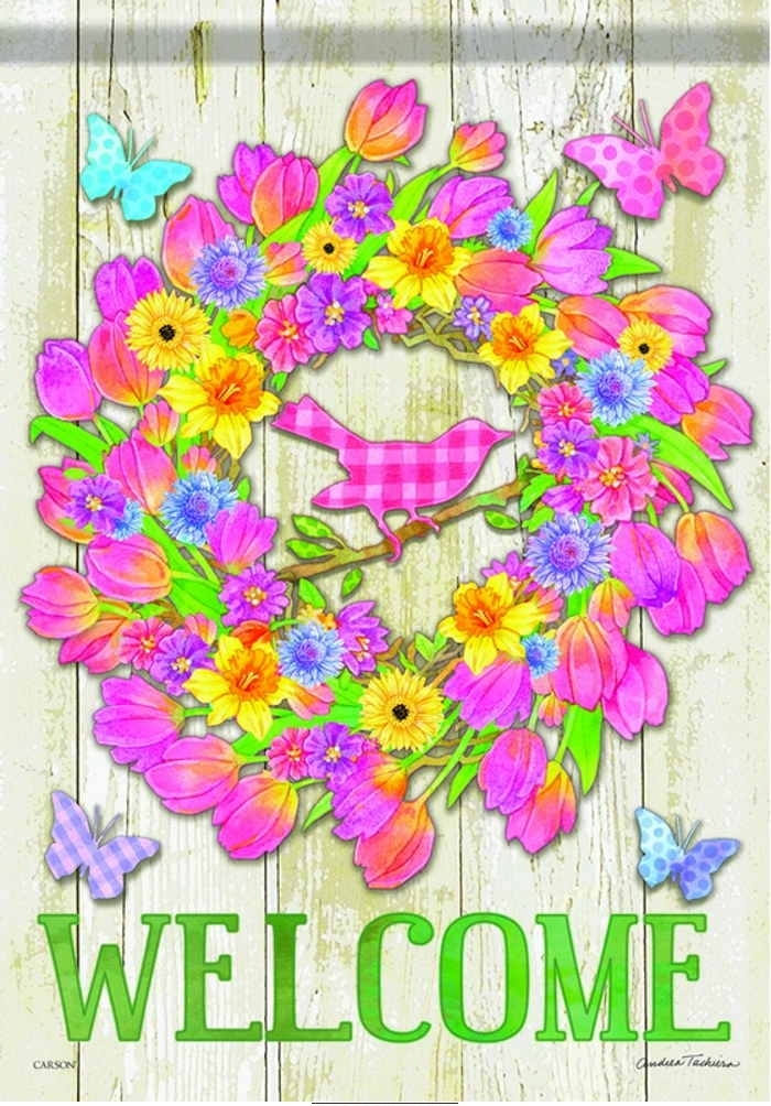 Welcome Floral Wreath House Flag