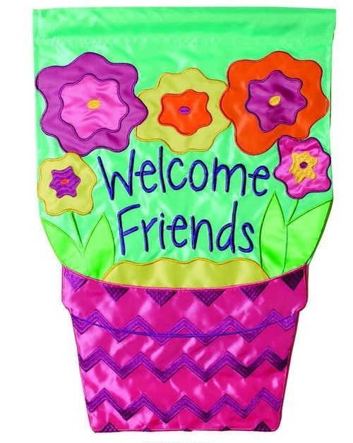 Welcome Flower Pot Applique Garden Flag