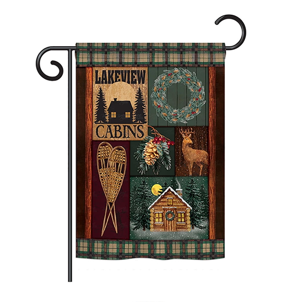 Winter Lakeview Cabins Garden Flag