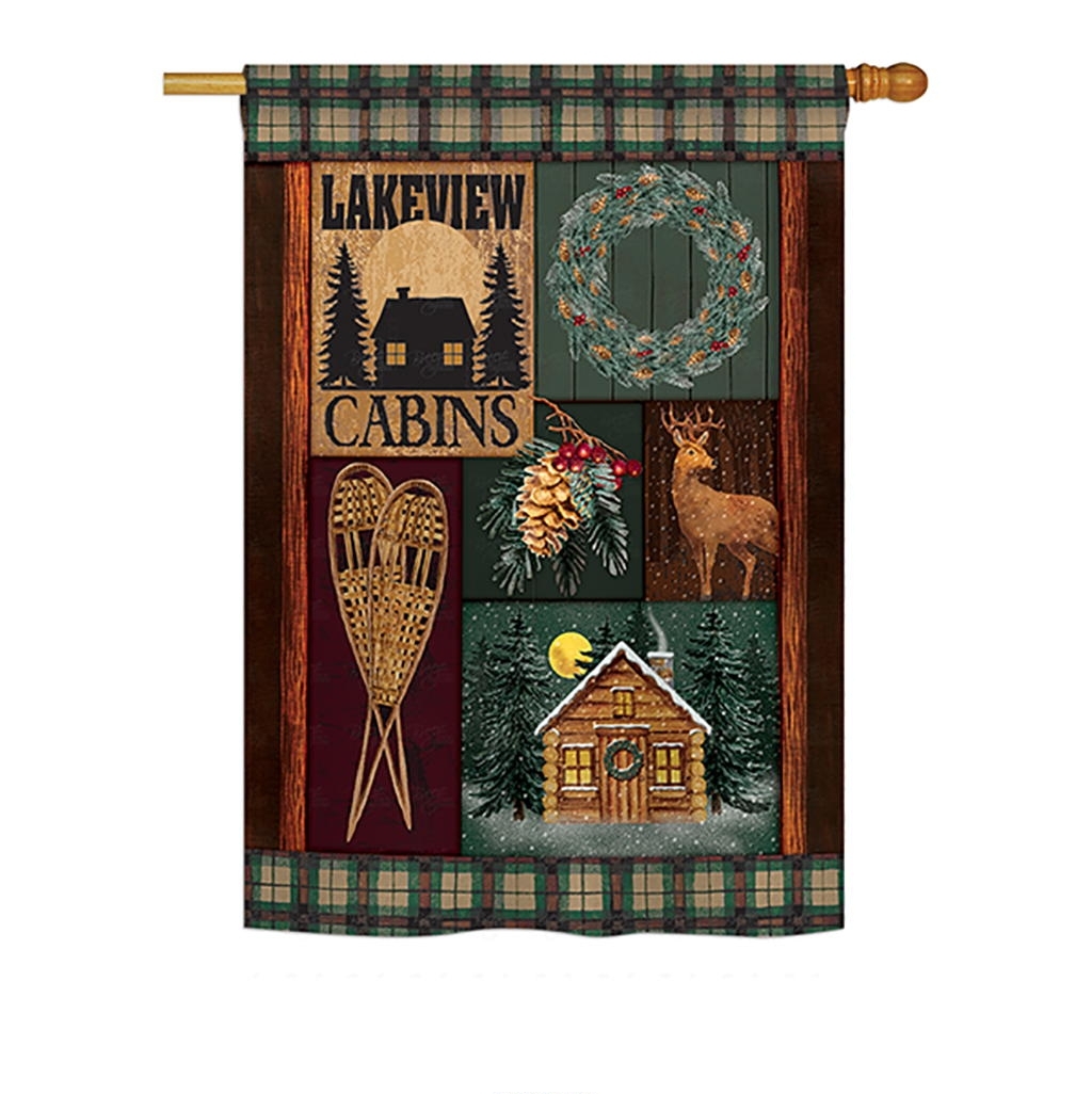 Winter Lakeview Cabins House Flag