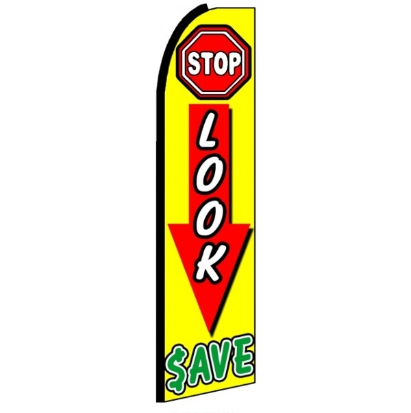 Stop Look Save (Black Sleeve) Feather Flag 3' x 11.5'