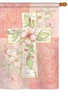 Pink Flower Cross House Flag